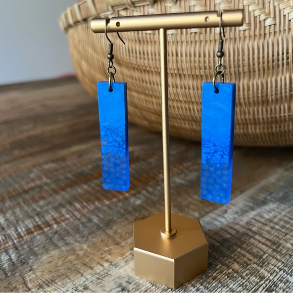 Handcrafted True Blue Mica Resin Earrings – Bronze Hypoallergenic Hooks - Picture 1 of 3